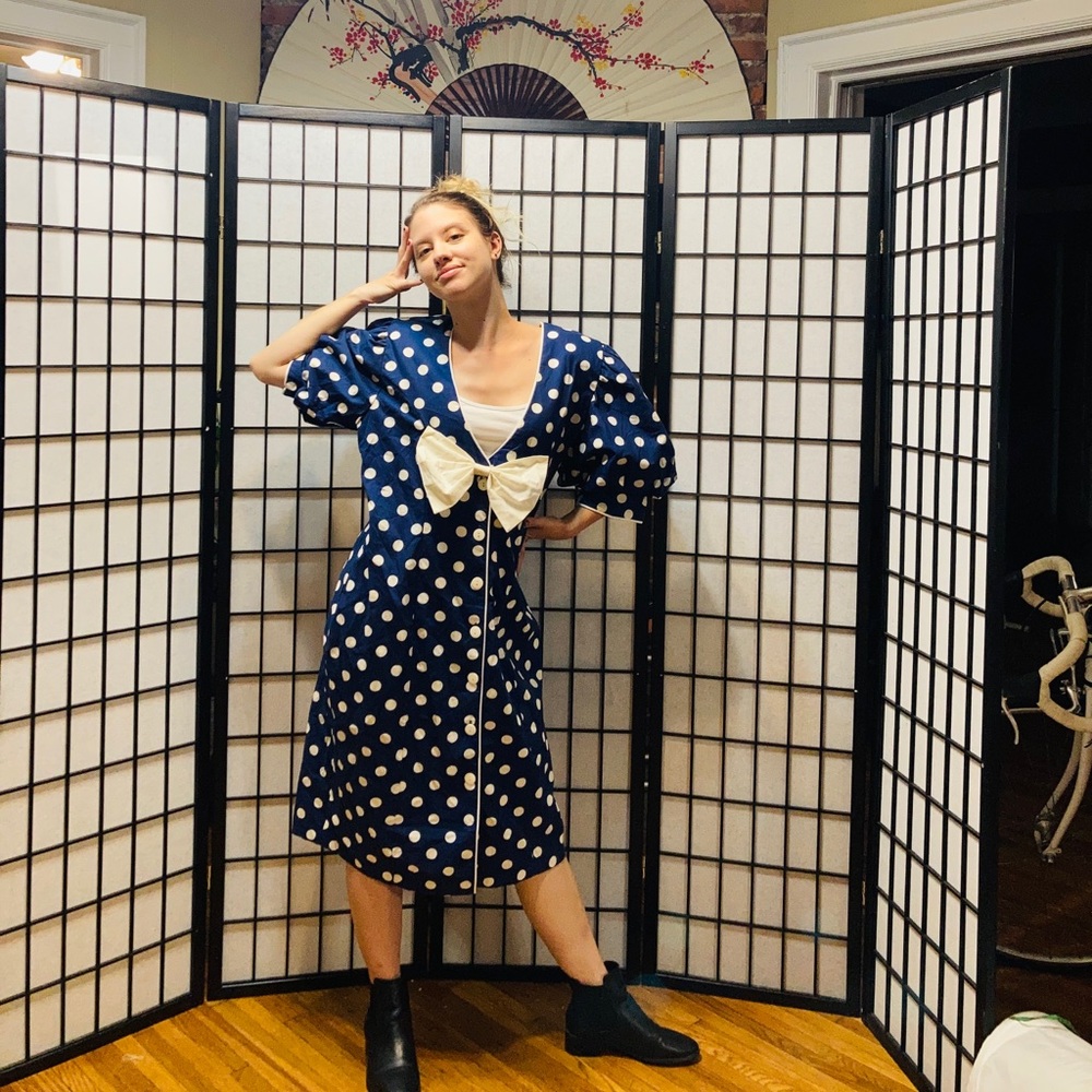 Vintage 1980s Navy and White Polka Dot Dress
